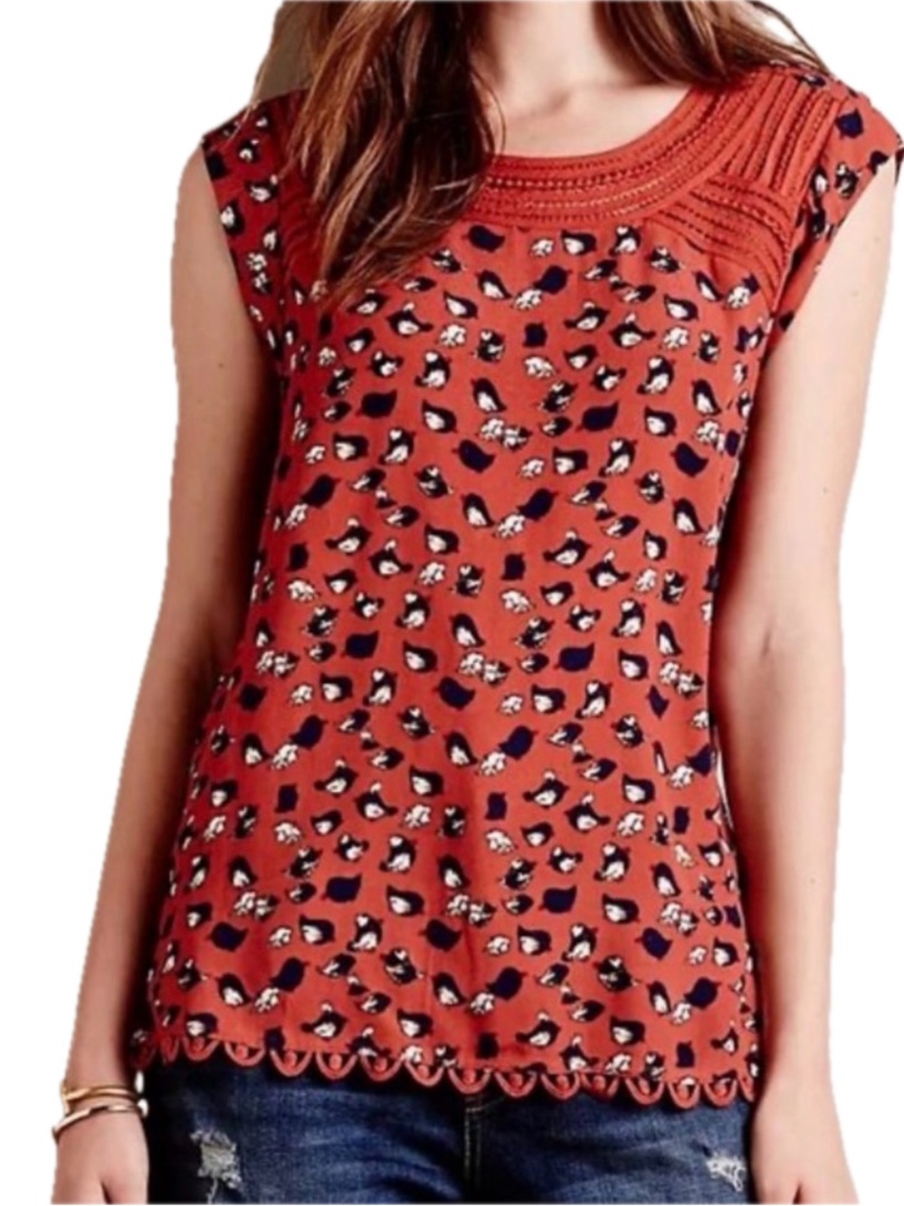 Anthropologie MEADOW RUE Sanna Sleeveless Top Medium Rust Bird Print Blouse EUC